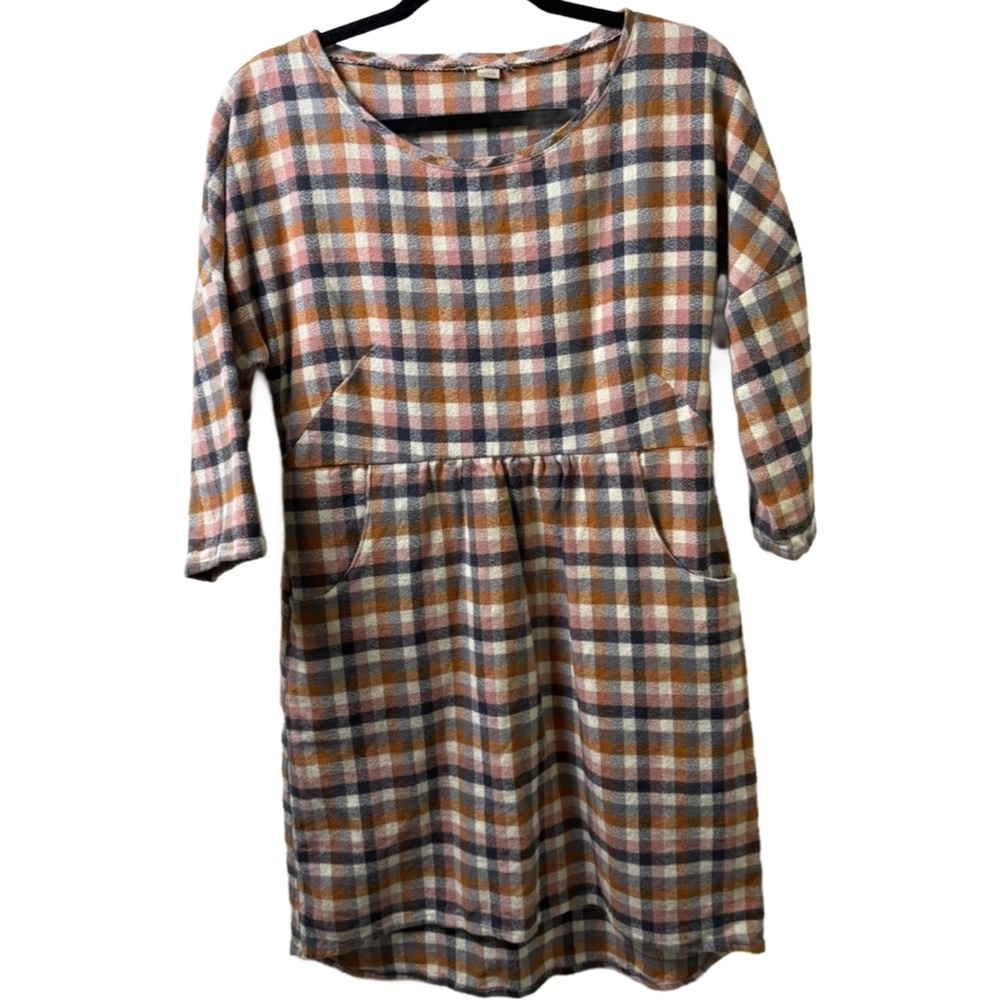 Plaid Midi Dress with Pockets - Rust, Gray & Cream